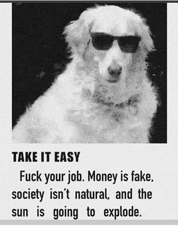 TAKE IT EASY Fuck your job. Money is fake, society isnt natural, and the sun is going to explode.