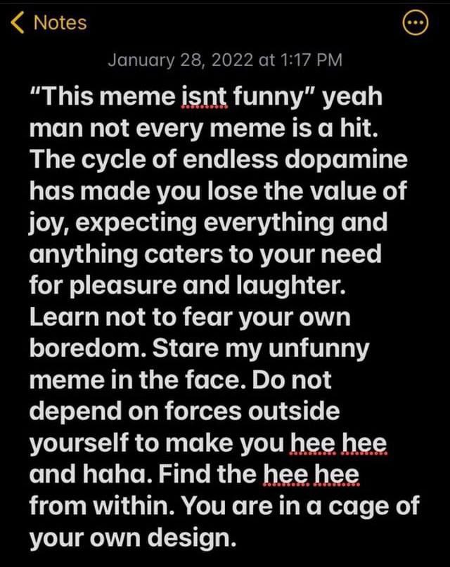 Notes January 28, 2022 at 1:17 "This тете isnt funny” yeah man not every meme is а hit. The cycle of endless dopamine has made you lose the value of joy, expecting everything and anything caters to yo