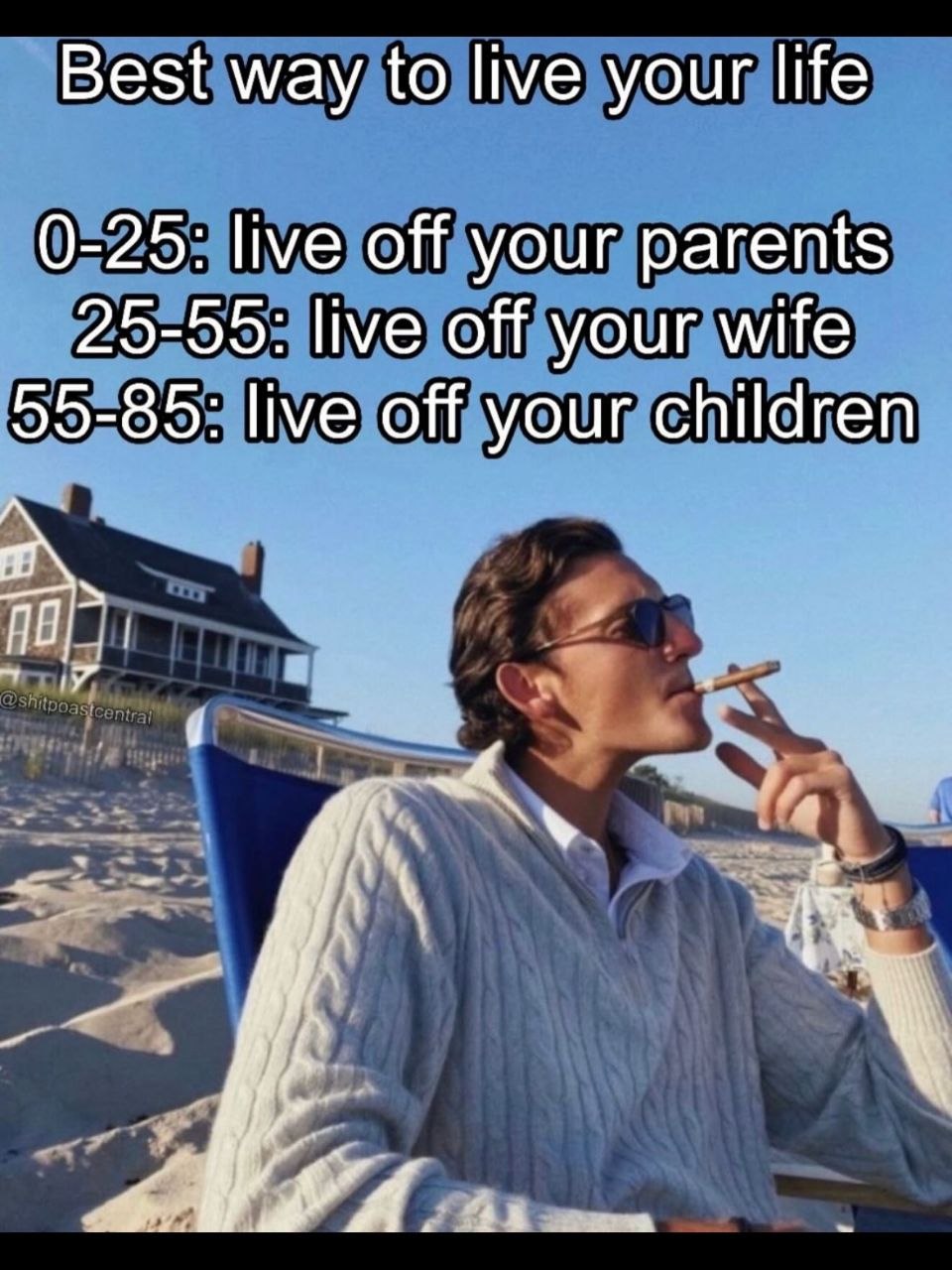 Best way to live your life 0-25: live off your parents 25-55: live off your wife 59-85: live off your children