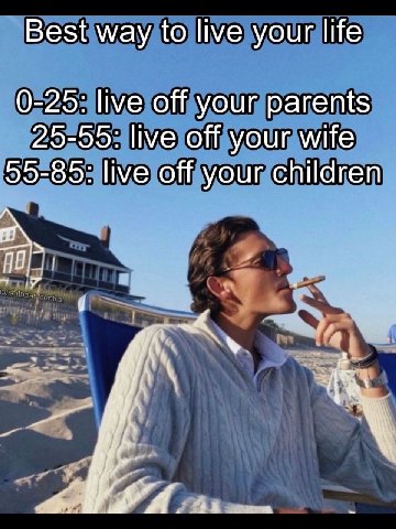 Best way to live your life 0-25: live off your parents 25-55: live off your wife 59-85: live off your children
