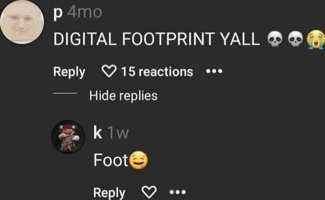 DIGITAL FOOTPRINT YALL Reply 15 reactions Hide replies К Foot Reply