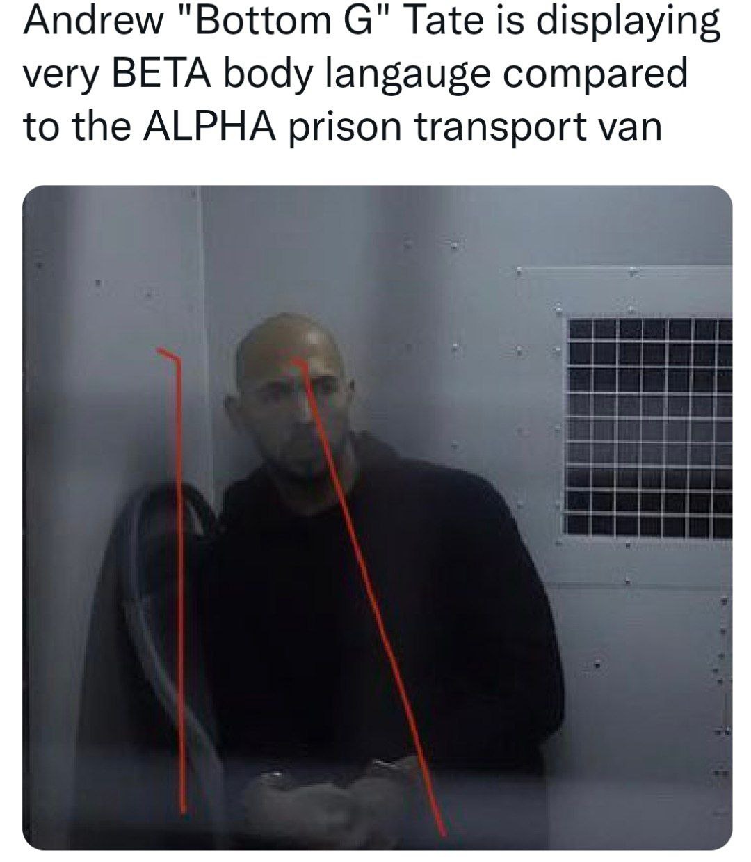 Andrew "Bottom С" Tate is displaying very BETA body langauge compared to the ALPHA prison transport van