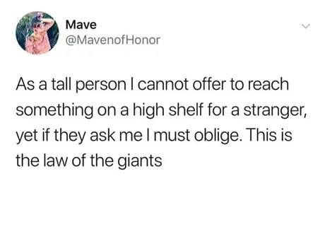 Mave я @MavenofHonor As person cannot offer to reach something on a high shelf for a stranger, yet if they ask me must oblige. This is the law of the giants