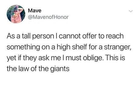 Mave я @MavenofHonor As person cannot offer to reach something on a high shelf for a stranger, yet if they ask me must oblige. This is the law of the giants