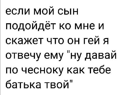 если мой сын подойдет мнеи скажет что он гей я отвечу ему давай по чесноку как тебе батька твой"