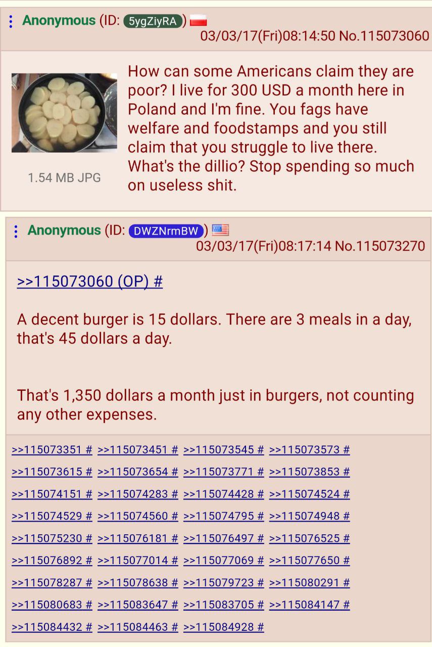 Anonymous 03/03/17(Fri)08:14:50 No.115073060 How can some Americans claim they are if poor? live for 300 USD a month here in Poland and fine. You fags have welfare and foodstamps and you still claim t