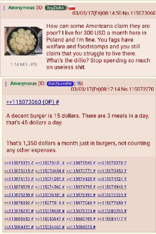 Anonymous 03/03/17(Fri)08:14:50 No.115073060 How can some Americans claim they are if poor? live for 300 USD a month here in Poland and fine. You fags have welfare and foodstamps and you still claim t