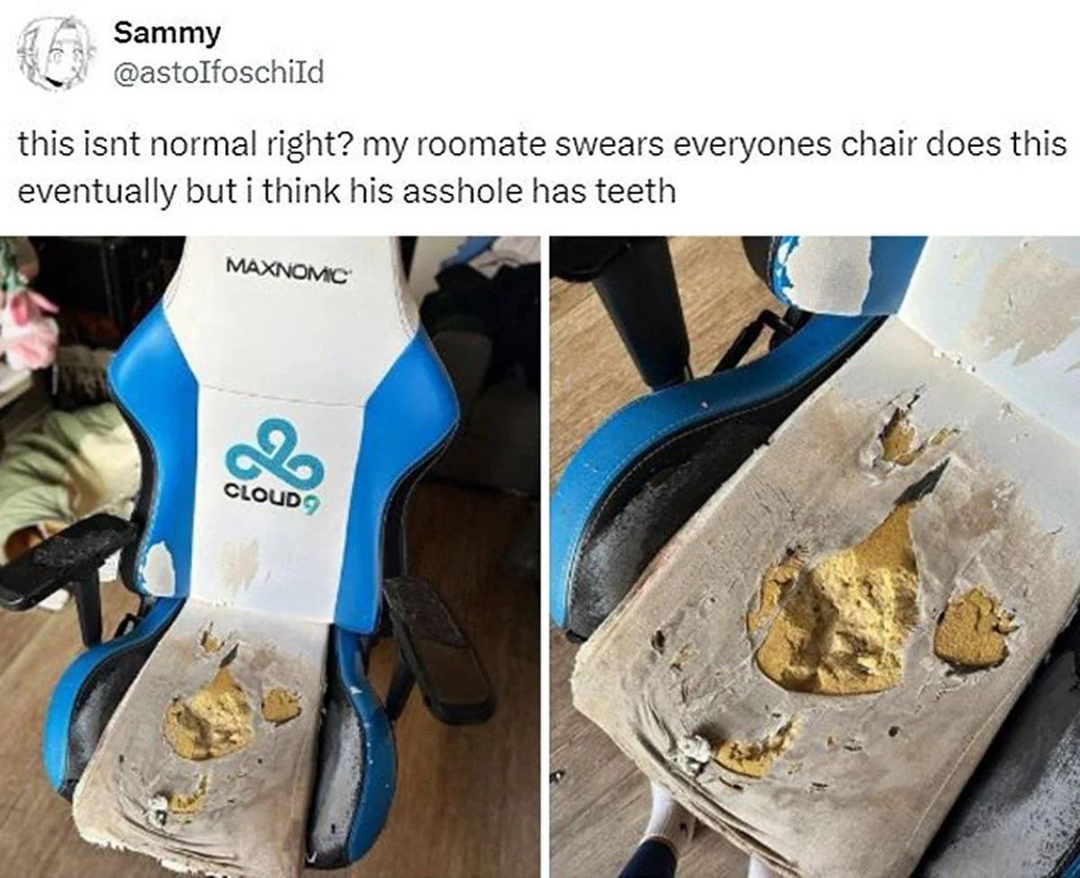 Sammy @astolfoschild this isnt normal right? my roomate swears everyones chair does this eventually but i think his asshole has teeth on