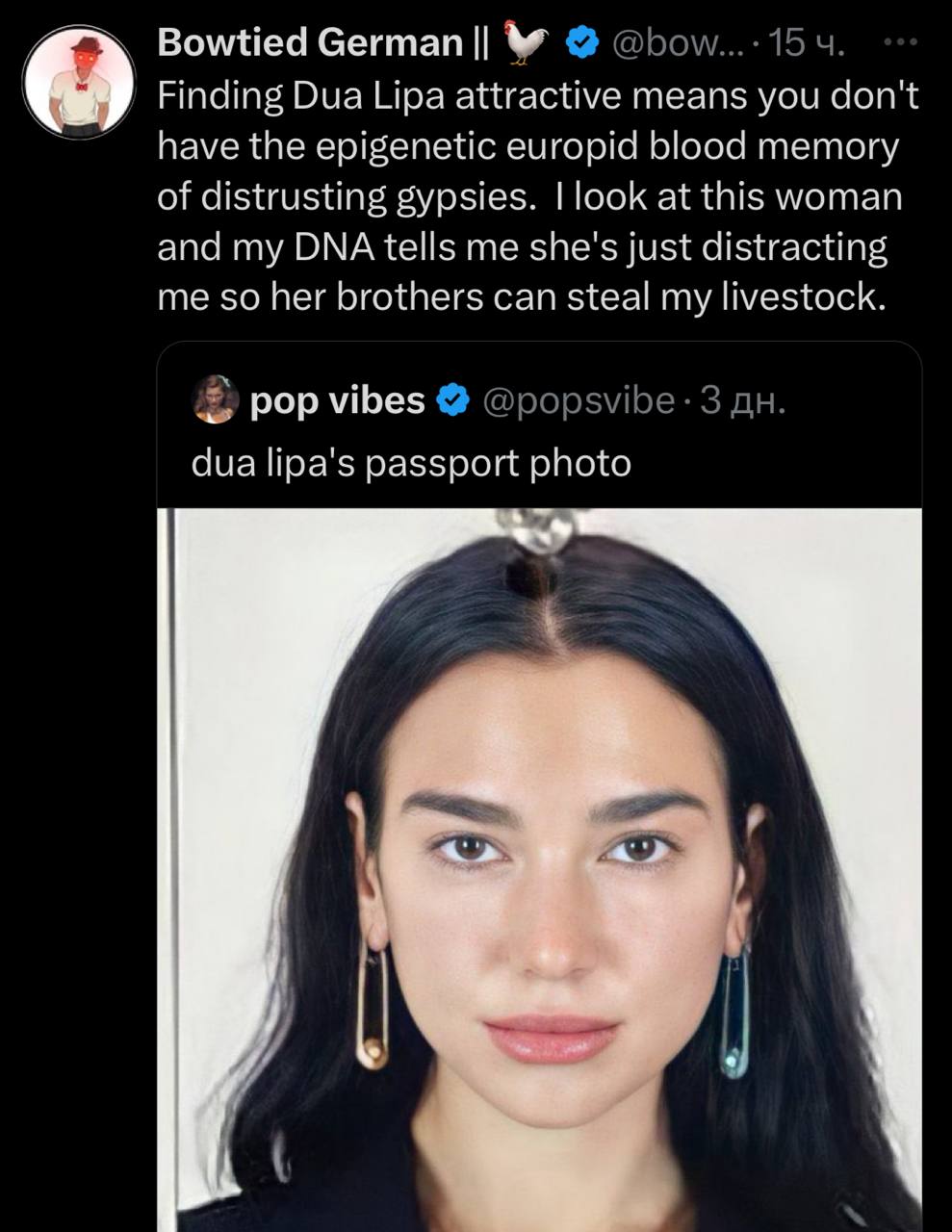 Bowtied Сегтап Finding Dua Lipa attractive means you don't have the epigenetic europid blood memory of distrusting gypsies. look at this woman and my DNA tells me she's just distracting me so her brot