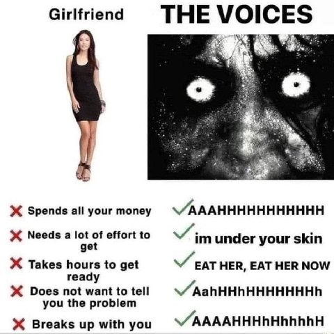 Girlfriend THE VOICES о Spends all yourmoney Needs а lot of effort to under your skin get Takes hours to get EAT HER, EAT HER NOW ready Does not want to tell you the problem Breaks up with you