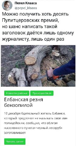 Пепел Клааса @pepel_klaasa Можно получить хоть десять Пулитцеровских премий, но шанс написать такой заголовок даётся лишь одному журналисту, лишь один раз Елбанская резня бензопилой 10 декабря бдитель