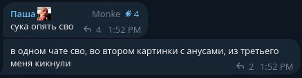 Паша Monke #4 сука опять CBO A 1 ‘59 в одном чате сво, во втором картинки с анусами, из третьего меня кикнули 2 1:52