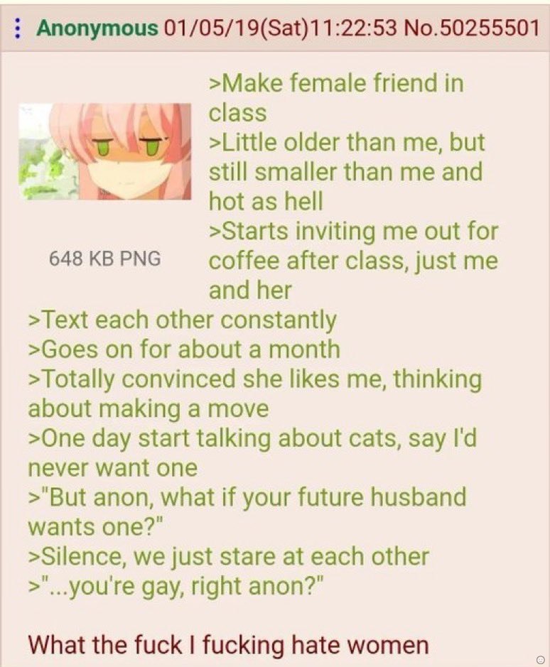 Anonymous 01/05/19(Sat)11:22:53 No.50255501 >Make female friend in class older than me, but 2 still smaller than me and hot as hell >Starts inviting me out for 648 PNG coffee after class, just me and 