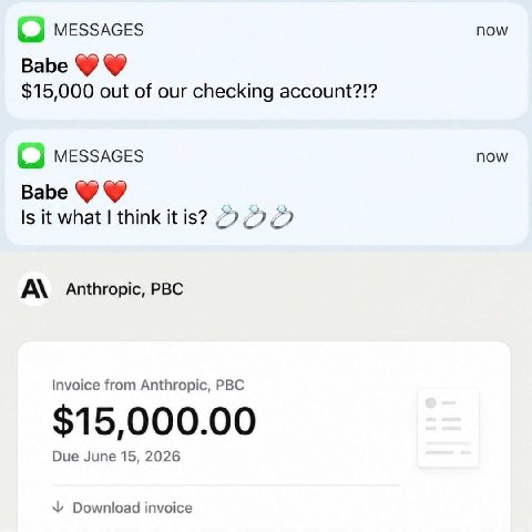 О messaces now Babe $15,000 out of our checking account?!? MESSAGES now Babe Is it what think К is? А\ РВС Invoice from Anthropic, PBC $15,000.00 Due June 15, 2026 Download invoice