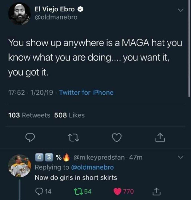 Ebro @oldmanebro You show up anywhere is a MAGA hat you know what you are doing.... you want it, you got К. 17:52 1/20/19 Twitter for iPhone 103 Retweets 508 Likes @mikeypredsfan-47m #5 Replying to @o