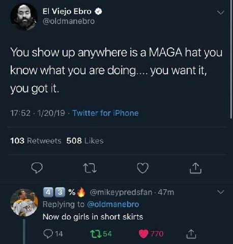 Ebro @oldmanebro You show up anywhere is a MAGA hat you know what you are doing.... you want it, you got К. 17:52 1/20/19 Twitter for iPhone 103 Retweets 508 Likes @mikeypredsfan-47m #5 Replying to @o