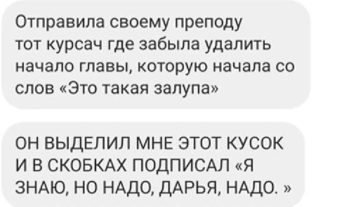 Отправила своему преподу тот курсач где забыла удалить начало главы, которую начала слов «Это такая залупа» ОН ВЫДЕЛИЛ МНЕ ЭТОТ КУСОК И В СКОБКАХ ПОДПИСАЛ «Я ЗНАЮ, НО НАДО, ДАРЬЯ, НАДО.