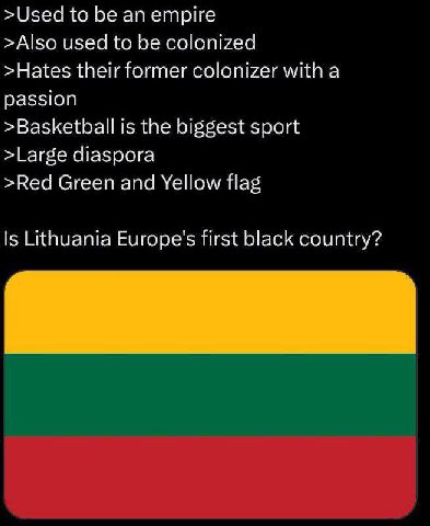 >Used {о be an empire >Also used to be colonized >Hates their former colonizer with a passion >Basketball is the biggest sport >Large diaspora >Red Green and Yellow flag Is Lithuania Europe's first bl