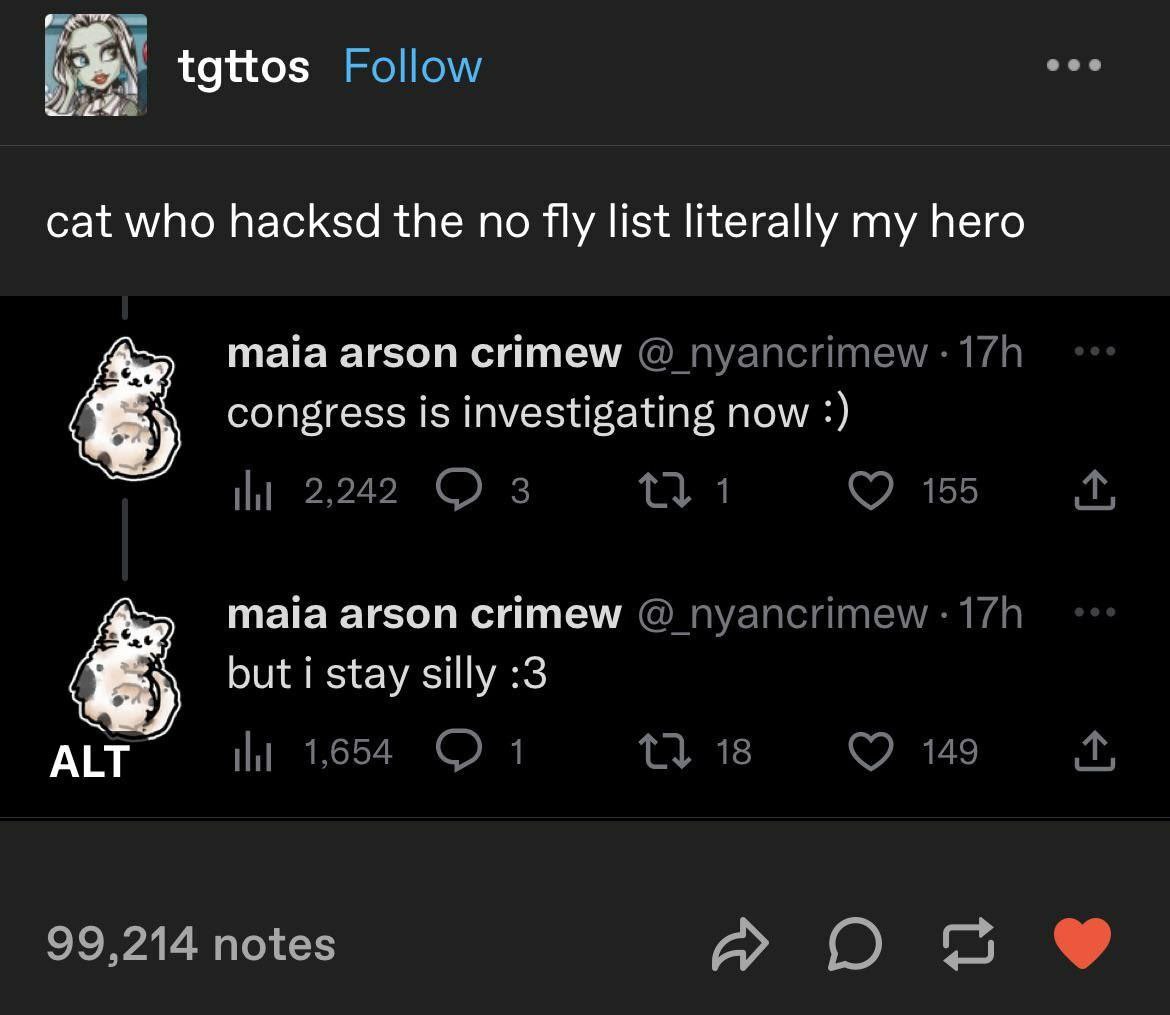 ON tgttos Follow eee cat who hacksd the no list literally my hero maia arson crimew nyancrimew congress is investigating now 2,242 3 1 155 maia arson crimew nyancrimew but i stay silly :3 1,654 1 18 1