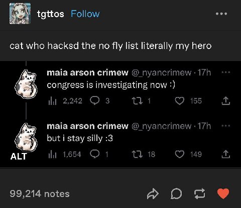 ON tgttos Follow eee cat who hacksd the no list literally my hero maia arson crimew nyancrimew congress is investigating now 2,242 3 1 155 maia arson crimew nyancrimew but i stay silly :3 1,654 1 18 1