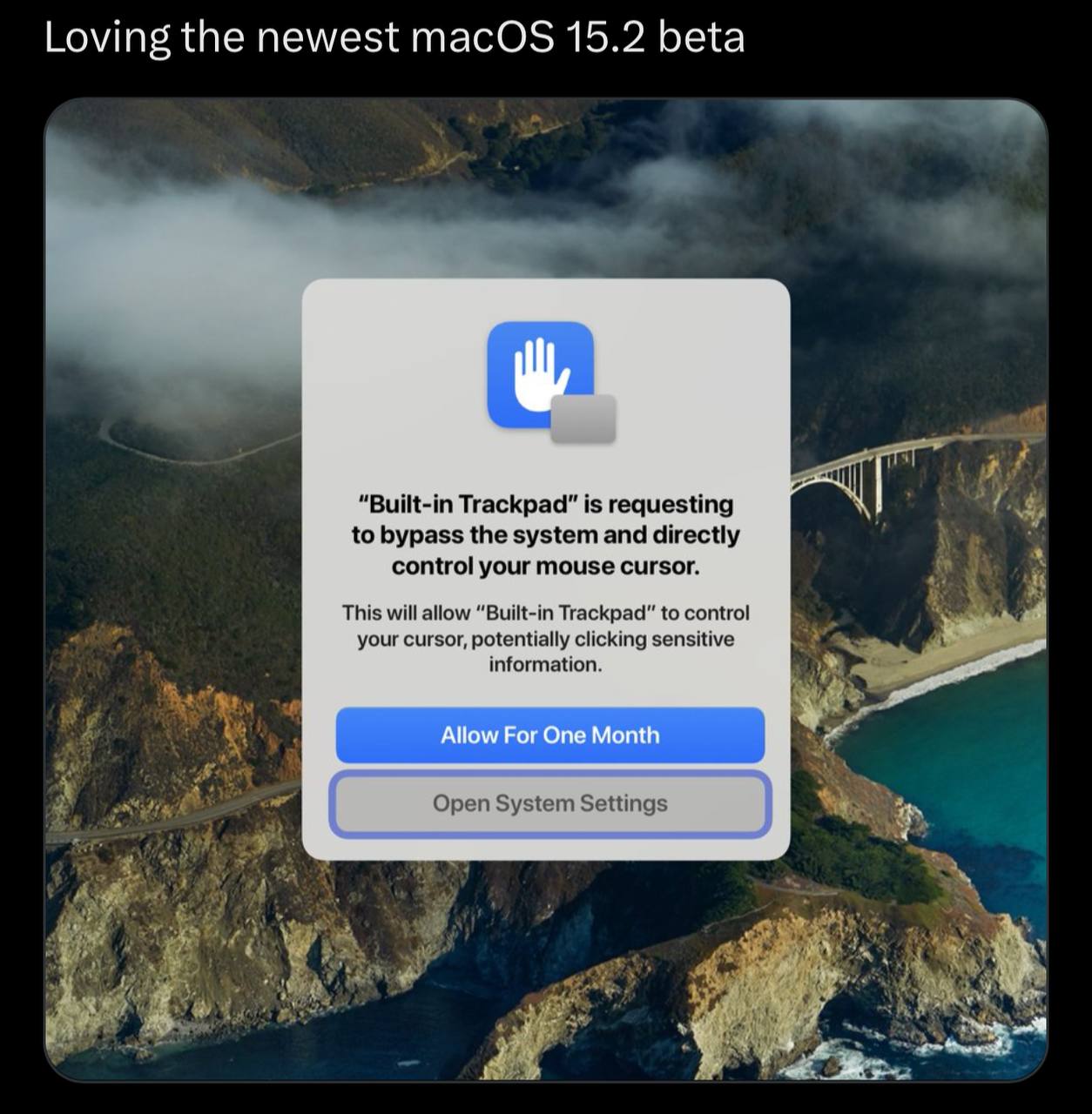 Loving the newest macOS 15.2 beta Trackpad" is requesting to bypass the system and directly control your mouse cursor. This will allow “Built-in Trackpad” to your cursor, potentially clicking sensitiv