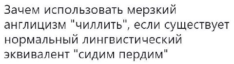 Зачем использовать мерзкий англицизм ‘чиллить’, если существует нормальный лингвистический эквивалент ‘сидим