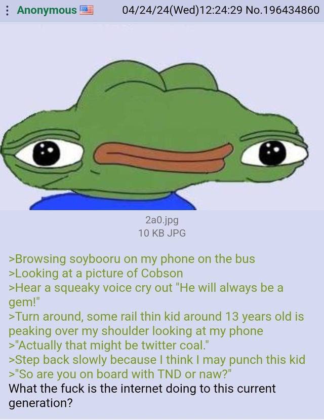 Anonymous 04/24/24(Wed)12:24:29 No.196434860 2a0.jpg 10 JPG >Browsing soybooru on my phone on the bus >Looking at a picture of Cobson >Hear a squeaky voice cry out "He will always be a gem!" >Turn aro