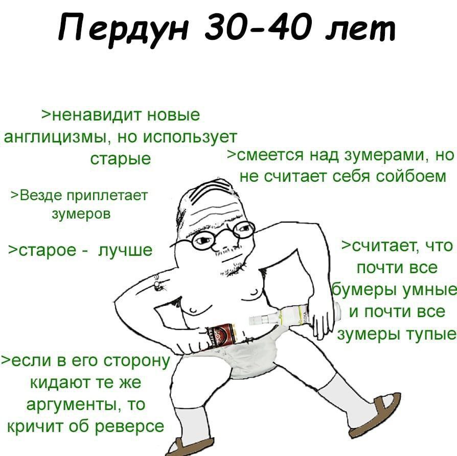 Пердун 30-40 лет >ненавидит новые англицизмы, но использует старые >смеется над зумерами, но не считает себя сойбоем >Везде приплетает зумеров >CTapoe лучше >считает, что почти все бумеры умные 3 и по