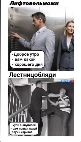 Лифтовельможи -Доброе утро вам какой хорошего дня обля у fill хули вылупился сам пошел нахуй -звуки харчков