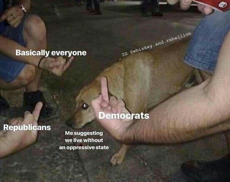 Basically everyone Democrats Republicans Me suggesting we live without an oppressive state