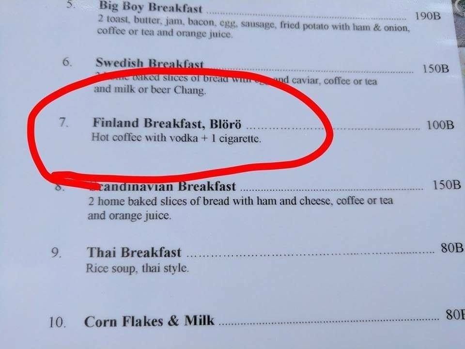 Big Boy butter, jam, bacon, exy, sausage, fried potato with ham onion, coffee or tea and orange juice Swedish 1508 OF caviar. coffee or tea and milk or beer Chang. 7. Finland Breakfast, Bléré Hot with