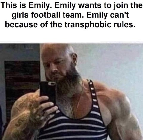 This is Emily. Emily wants to join the girls football team. Emily can't because of the transphobic rules.