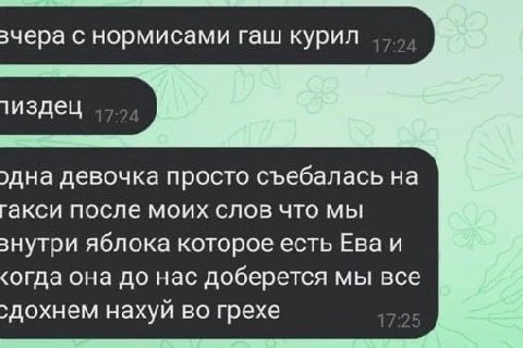 зчера с нормисами гаш курил тиздец ›дна девочка просто съебалась на гакси после моих слов что мы знутри яблока которое есть Ева и ‹огда она до нас доберется мы все нахуй во грехе