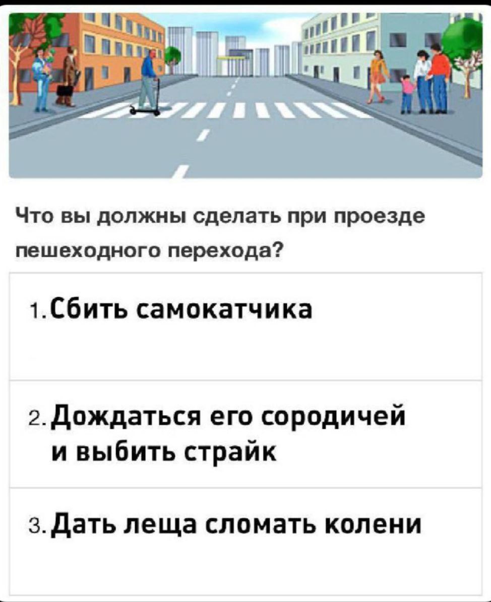 Mail Что вы должны сделать при проезде пешеходного перехода? 1.Сбить самокатчика Дождаться его сородичей и выбить страйк леща сломать колени