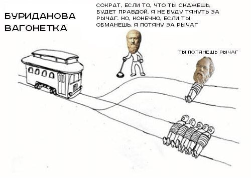 СОКРАТ, ЕСЛИ ТО, ЧТО ТЫ СКАЖЕШЬ, БУДЕТ ПРАВДОЙ, Я НЕ БУДУ ТЯНУТЬ ЗА БУРИДАНОВА РЫЧАГ. НО. КОНЕЧНО, ЕСЛИ ТЫ ОБМАНЕШЬ, Я ПОТЯНУ ЗА РЫЧАГ ВАГОНЕТКА ТЫ ПОТЯНЕШЬ РЫЧАГ 9005 ‘4 2, A