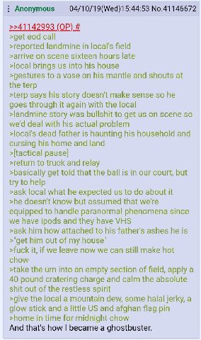 No.41146672 >>41142993 >get eod call >reported landmine in field >arrive on scene sixteen hours late >local brings into his house >gestures to a vase on his mantle and shouts at the terp >terp says hi