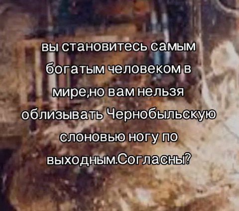 вы становитесь самым богатым человеком в миренно вам нельзя облизывать Чернобыльскую слоновью ногу по выходным.Согласны?