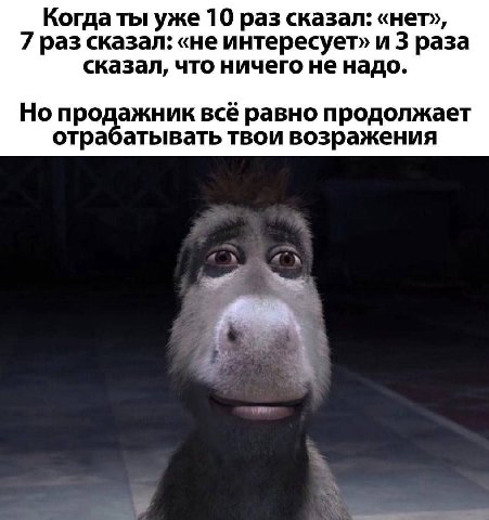 Когда ты уже 10 раз сказал: «нет», 7 раз сказал: «не интересует» и 3 раза сказал, что ничего не надо. Но продажник всё равно продолжает отрабатывать твои возражения