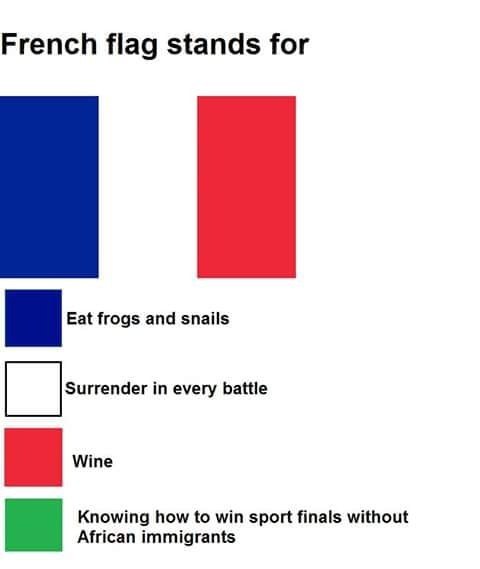 French flag stands for Eat frogs and snails in every battle Knowing how to win sport finals without African immigrants