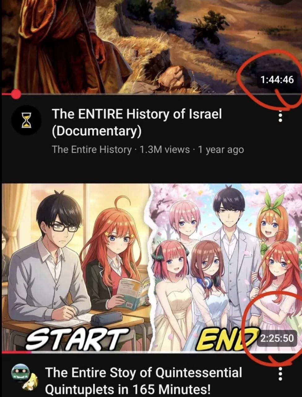 1:44:46 The ENTIRE History of Israel (Documentary) The Entire History views 1 year ago И _STA The Entire Stoy of Quintessential Quintuplets in 165 Minutes!