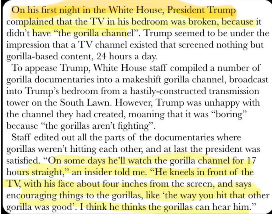 On his first night in the White House, President Trump complained that the in his bedroom was broken, because it didn’t have “the gorilla channel”. Trump seemed to be under the impression that a chann
