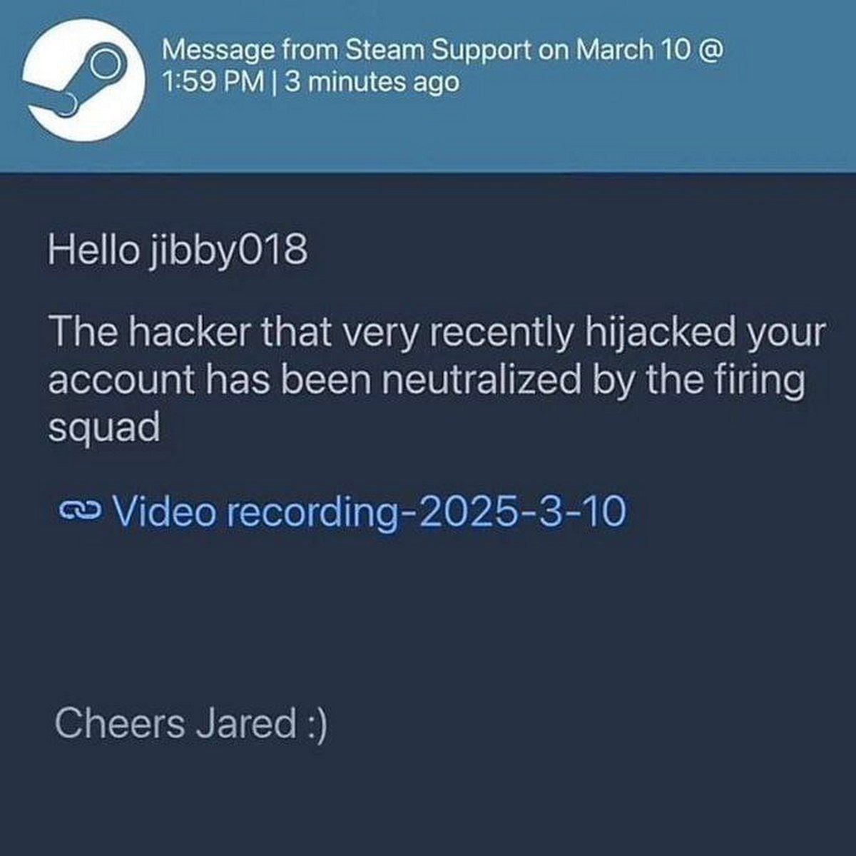 О Message from Steam Support on March 10 5 1:59 3 minutes ago Hello jibbyO18 The hacker that very recently hijacked your account has been neutralized the firing squad Vicleo Cheers Jared
