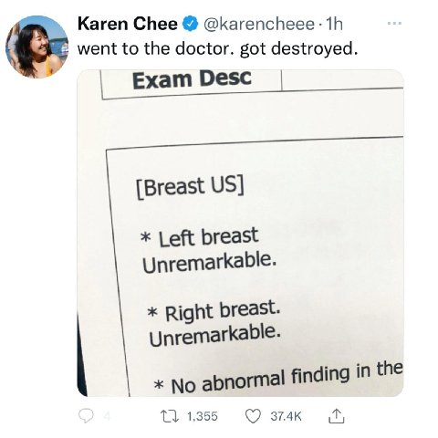 Karen Chee @karencheee: went to the doctor. got destroyed. Exam Desc [Breast Left breast Unremarkable. Right breast. Unremarkable. No abnormal finding In the 1,355 374к