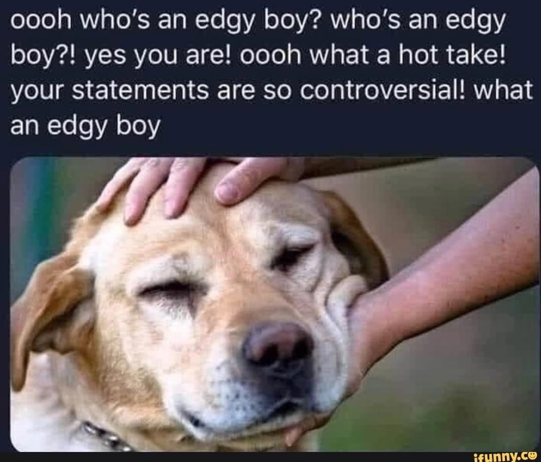 oooh an edgy boy? who’s edgy boy?! yes you are! oooh what a hot take! your statements are so controversial! what an edgy boy sul а