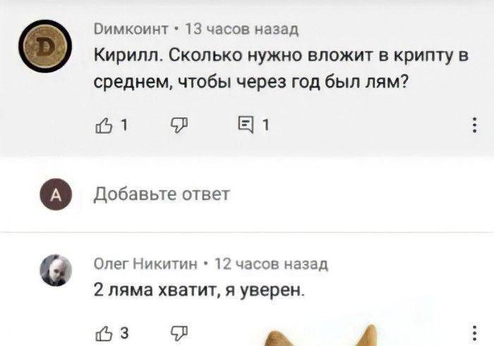 Оимкоинт 13 часов назад Кирилл. Сколько нужно вложит в крипту в среднем, чтобы через год был лям? 1 1 Добавьте ответ Олег Никитин 12 часов назад 2 ляма хватит, я уверен. A