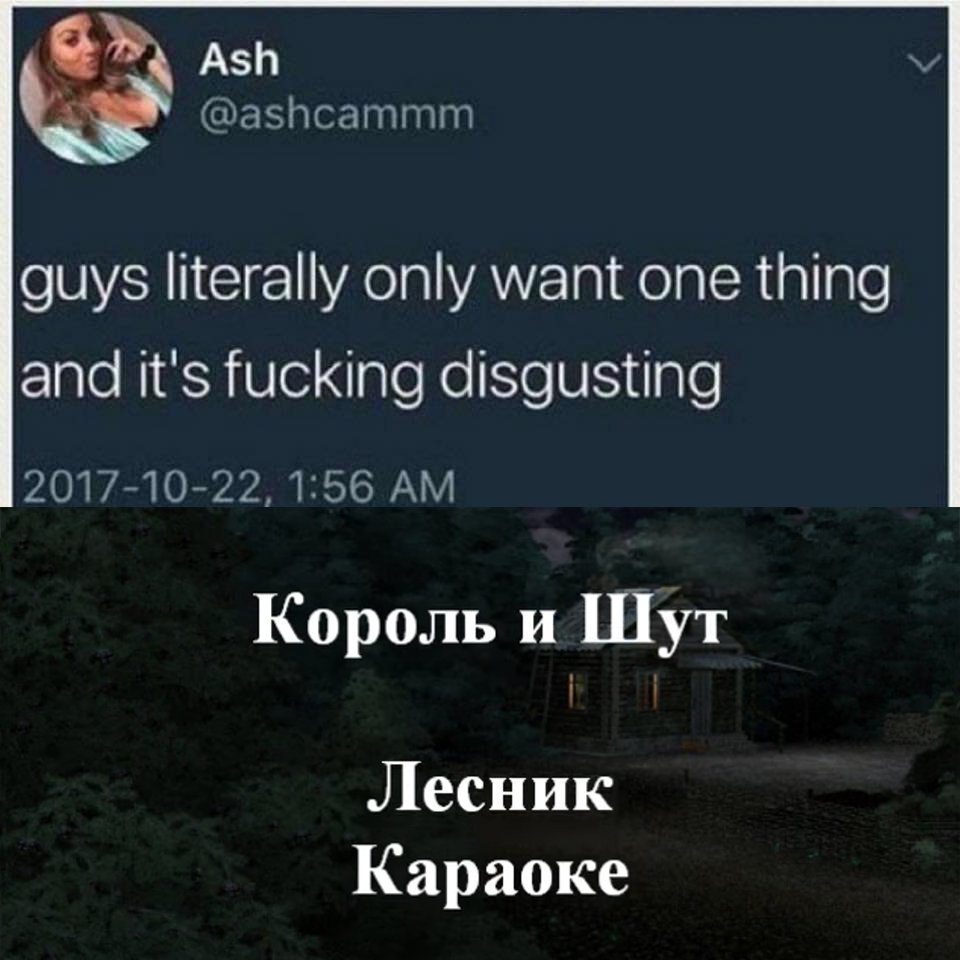 Ash @ashcammm guys literally only want one thing and it's fucking disgusting 2017-10-22, 1:56 Король и Шут Лесник Караоке