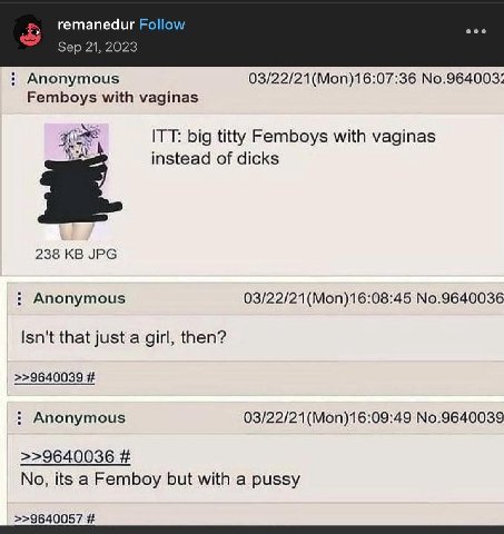гетапедиг Follow Sep 21, 2023 Anonymous No.964003: Femboys with vaginas ITT: big titty Femboys with vaginas instead of dicks 238 JPG Anonymous No.9640036 Isn't that just a girl, then? >>9640039 Anonym