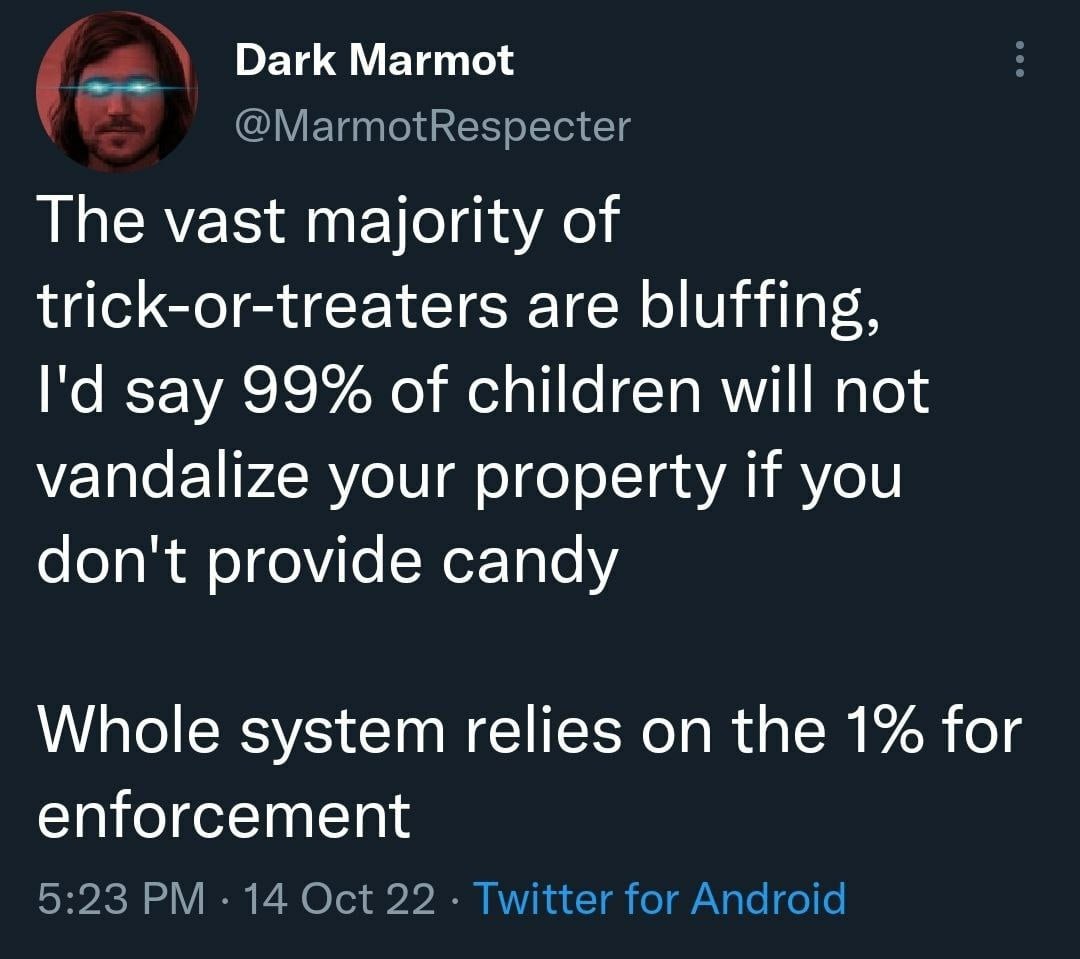 Dark Marmot The vast majority of trick-or-treaters are bluffing, say 99% of children will not vandalize your property if you don't provide candy Whole system relies on the 1% for enforcement