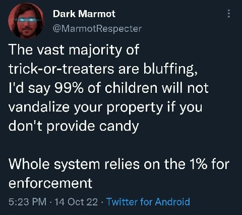 Dark Marmot The vast majority of trick-or-treaters are bluffing, say 99% of children will not vandalize your property if you don't provide candy Whole system relies on the 1% for enforcement