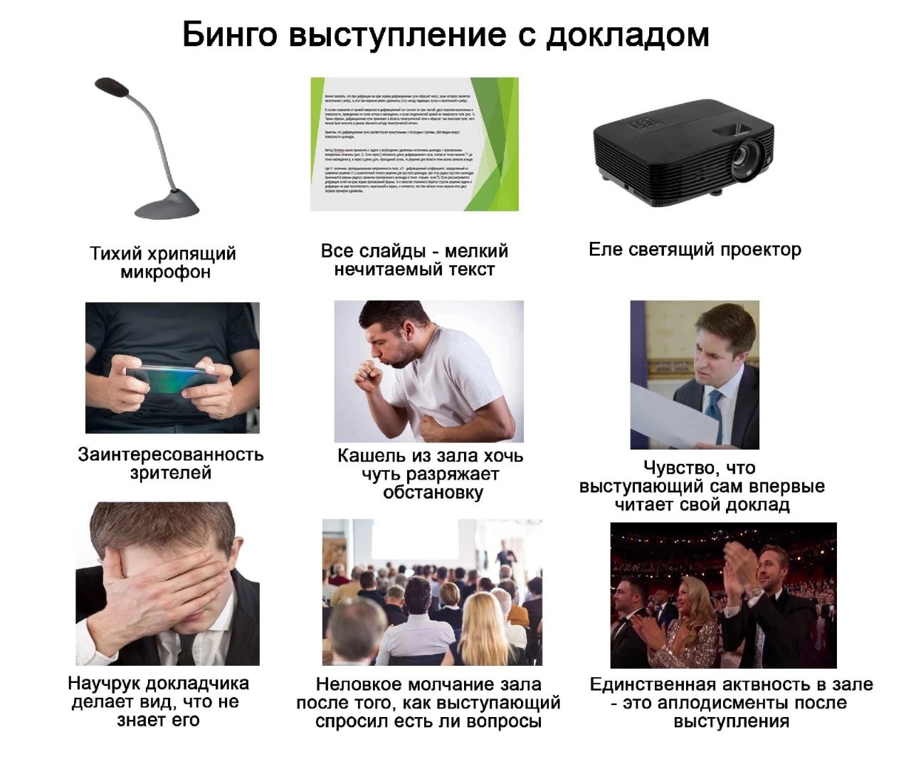 Бинго выступление с докладом Тихий хрипящий Все слайды мелкий Еле светящий проектор микрофон нечитаемый текст у Заинтересованность Кашель из зала хочь зрителей чуть разряжает Чувство, что обстановку в